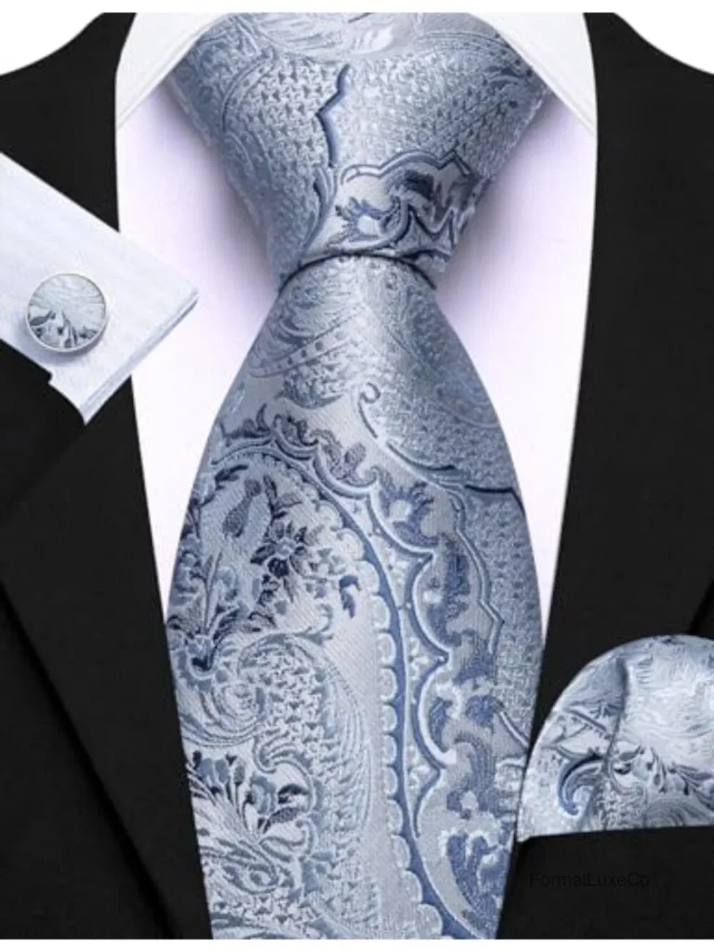 Silk Paisley Tie Set with Pocket Square and Cufflinks